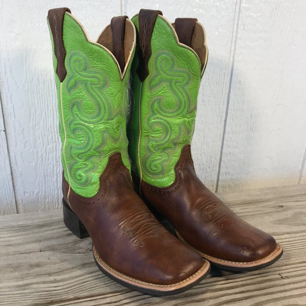 Ariat Quickdraw Womens Lime Green and Brown Leather Cowboy Boots 6.5 B 10016311